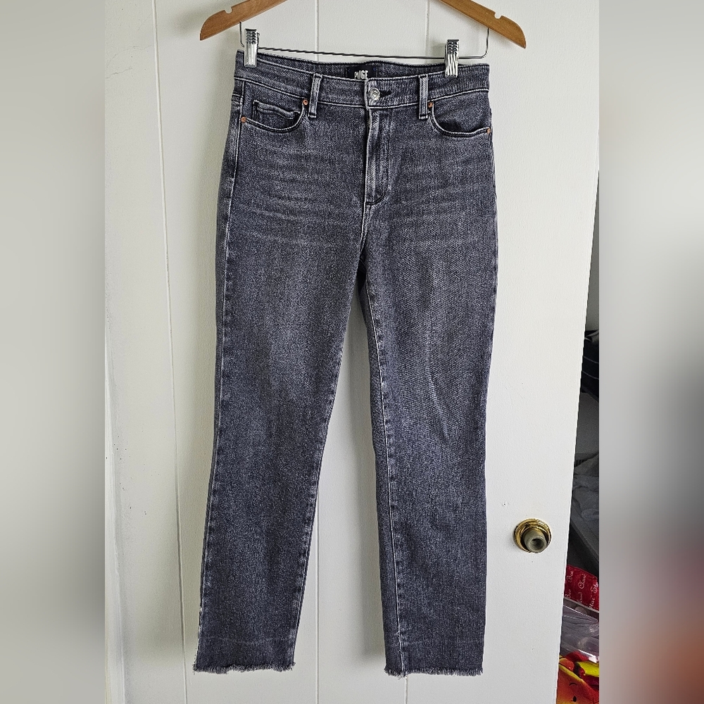 PAIGE Accent W/Raw Hem Flaunt High Rise Straight Leg in Ash Black Size 27